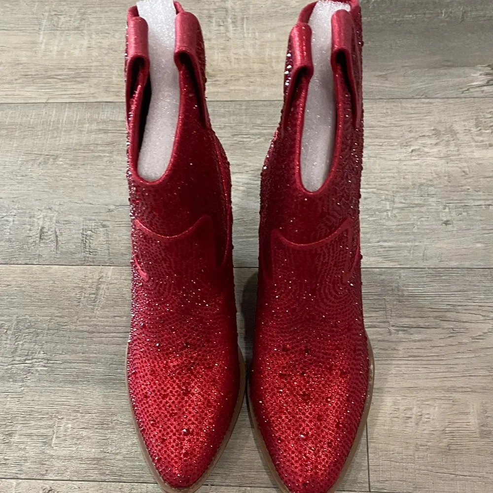 Red Rhinestone Cowgirl Sparkling Pull-on Christmas Party Forever Ankle Booties - Picture 3 of 8